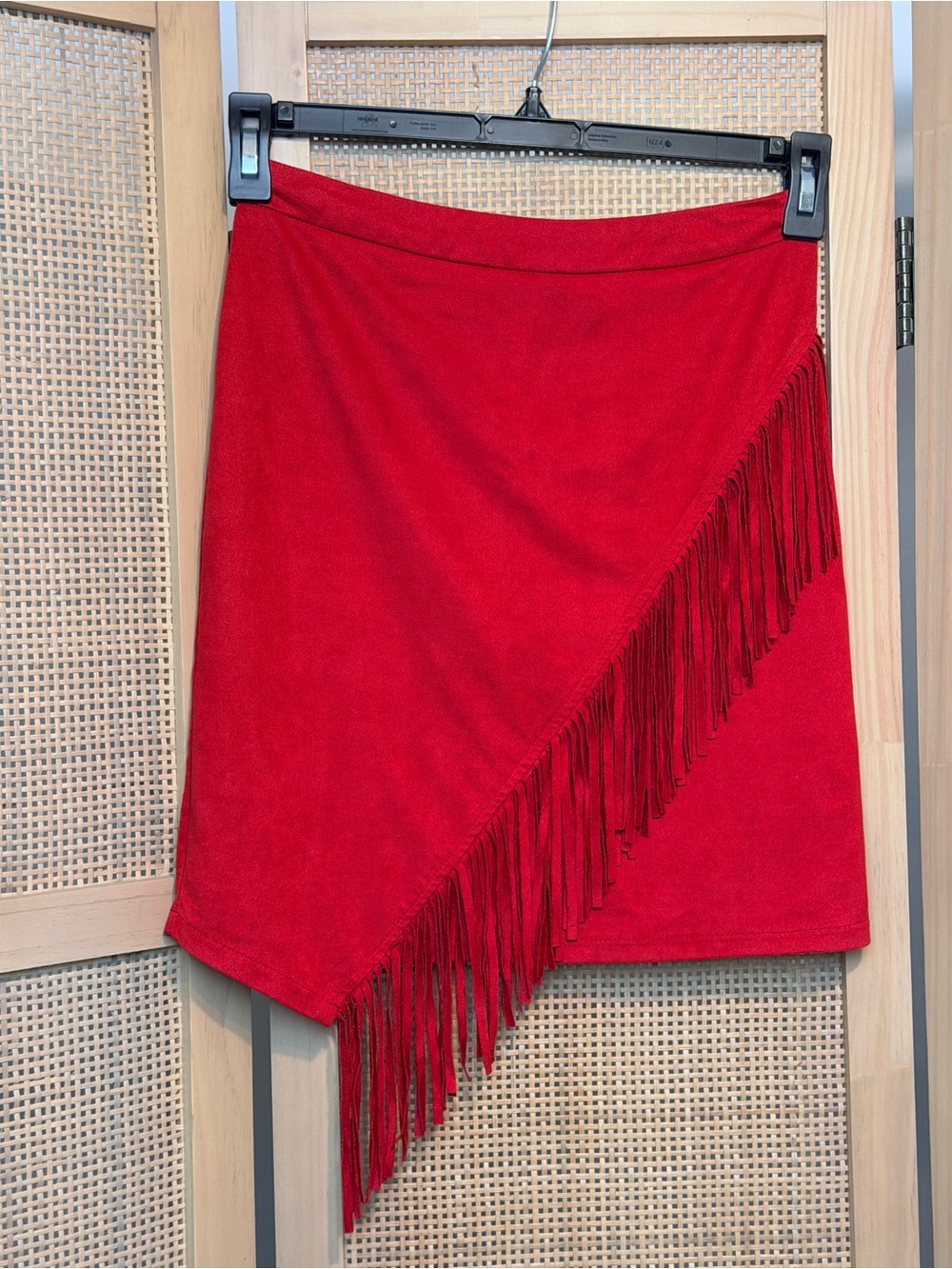 Women’s Red Faux Sueded Fringe Asymmetrical Mini Skirt